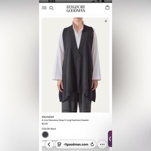 ESKANDAR•A-Line Sleeveless Deep-V Long•Cashmere Sweater•$2,075
COLOR: Black